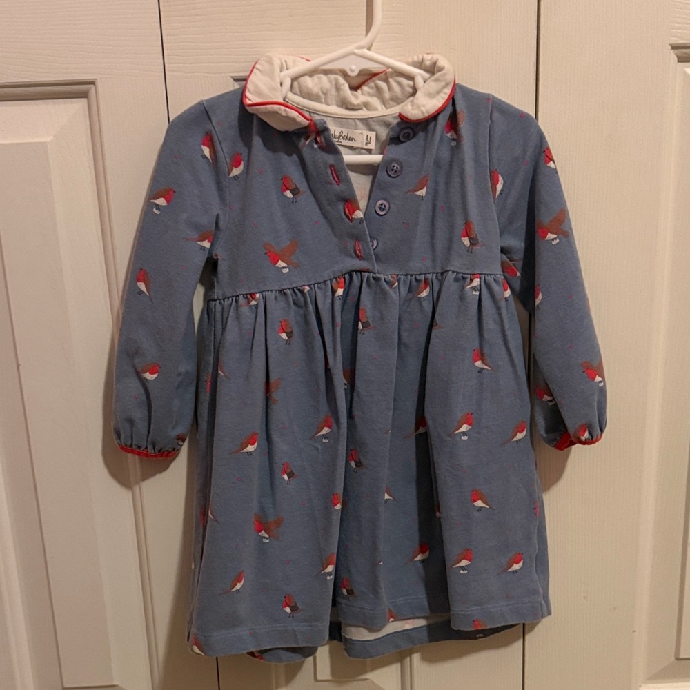 Baby Boden Blue Dress with Red and White Robin Print